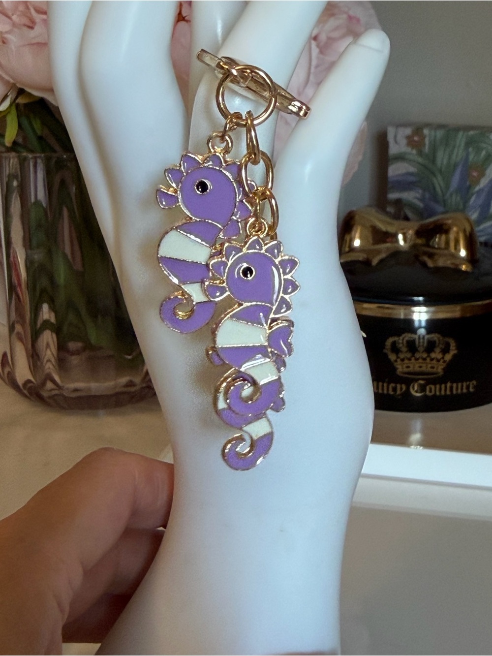 Gold-Tone Purple and Cream Seahorse Keychain Bag Charm